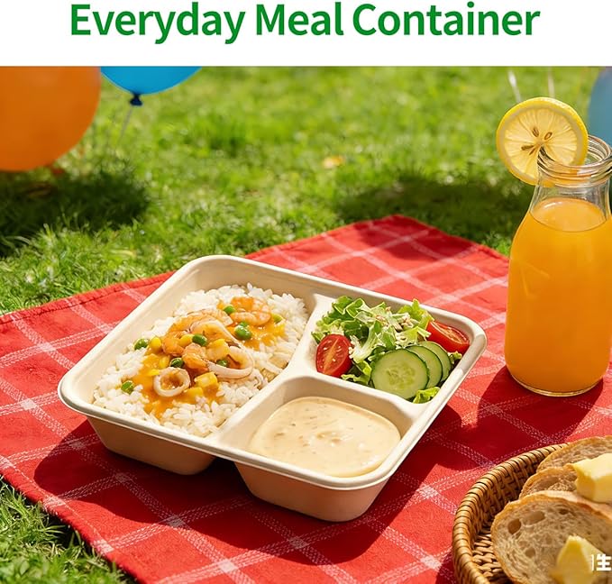 bloomoon 3 Compartment 8x8 inch Take Out Lunch Box Containers with Lids, Disposable 3 Compartment Meal Prep Bento Box Containers, 50 Bowls 50 Lids