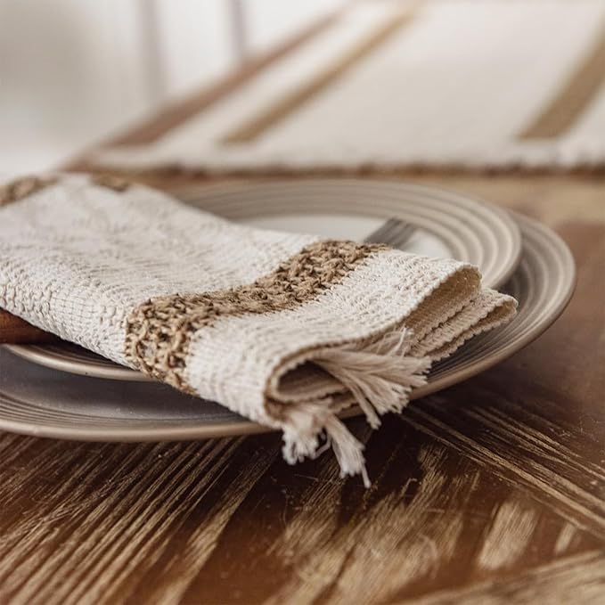 Niviy Boho Placemats Set of 6, 12x18 Inch Natural Cotton Burlap and Kitchen Woven Placemats with Tassels for Dining Table Centerpiece Thanksgiving Home Decorations