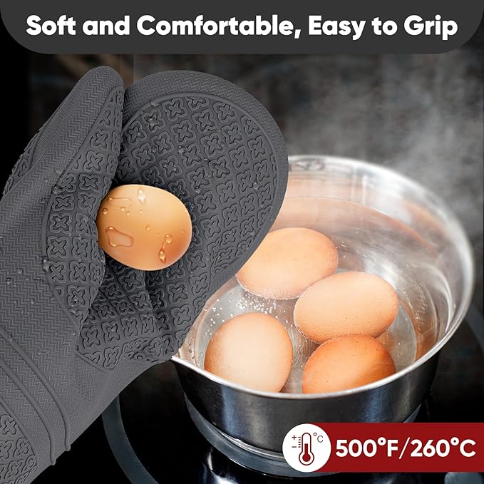 Silicone Oven Mitts, Heat Resistant Oven Gloves with Quilted Liner, Waterproof & Non-Slip Kitchen Mittens for Baking Cooking BBQ, 500°F, 12.5"-Deep Gary