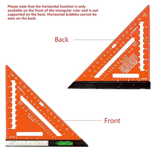 Beslands 7 inch Rafter Square with Level, Aluminum Metal Triangle Ruler Carpenter Square Woodworking Layout Tool Aluminum Triangle Tool Stainless Steel Ruler (Orange)