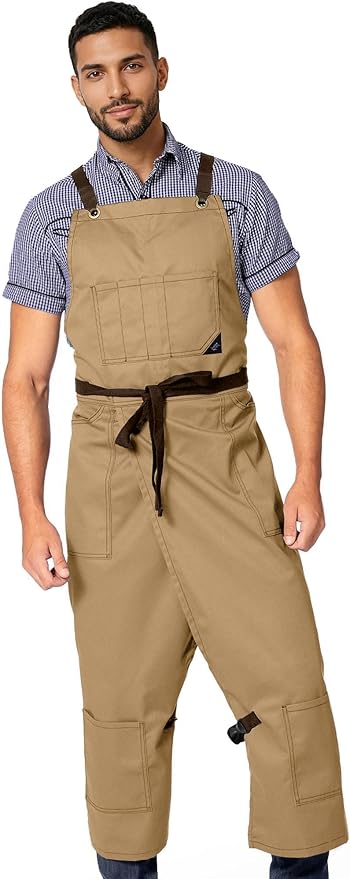 Under NY Sky Pottery Beige Apron - Full Cover Cross-Back, Professional Twill, Leather Reinforcement, Overlapping Split-Leg - Adjustable for Men, Women - Pottery Artist, Ceramics