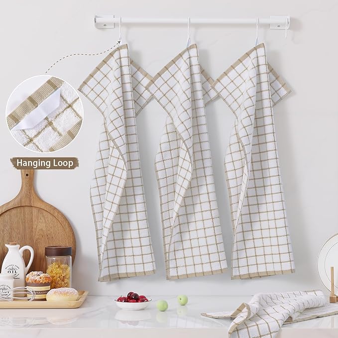 Homaxy Premium Kitchen Towels(16”x 28”, 6 Pack), Large Ring Spun Cotton Dish Towels, Super Absorbent Soft Terry Kitchen Hand Towels, Check Design Tea Towel Set with Hanging Loop, Tan