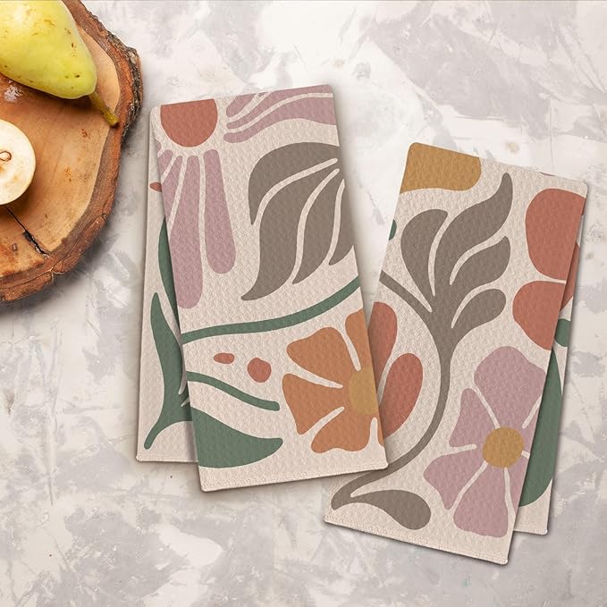 Vibrant Boho Floral Kitchen Towels, Groovy 70s Retro Flower Dish Towels Drying Cloth for Kitchen, Mid Century Modern Botanical Hand Towels for Bathroom, 16x24 Inch Set of 2