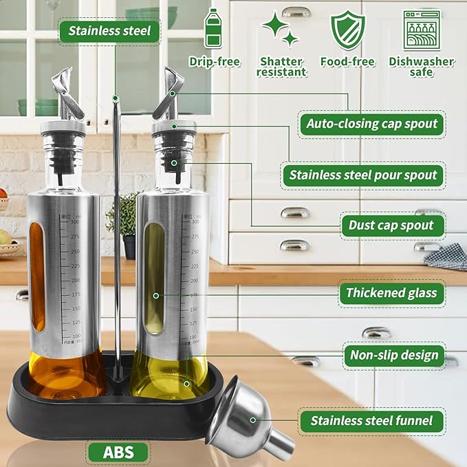 10oz/300 ml Olive Oil Dispenser Bottle, 2 Pack Glass Oil and Vinegar Dispenser Set with Tray, Vinegar and Sauce Bottle Wrapped in Stainless Steel Shell with Pourer and Funnel for Kitchen Cooking