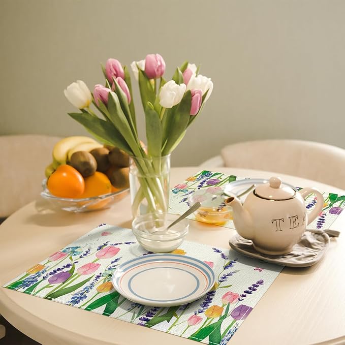 Niviy Tulip Lavender Butterfly Spring Placemats Set of 4, Seasonal Holiday Summer Table Mats for Home Party Kitchen Dining Room Decoration 12x18 Inch