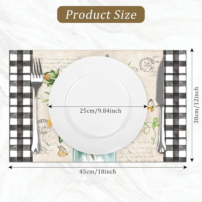 comfoyar Sunflower Vase Placemats Set of 4, 12x18 Inch Non-Slip Linen Summer Daisy Floral Place Mats, Washable Absorbent Butterfly Checkered Table Mats for Kitchen Dining Party Table Decoration