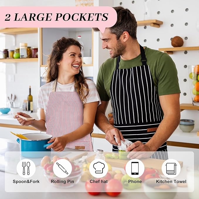 2Pack Adjustable Kitchen Apron for Women Men with 2 Pockets，Cotton-Polyester Blend Bib Aprons for Cooking,Baking