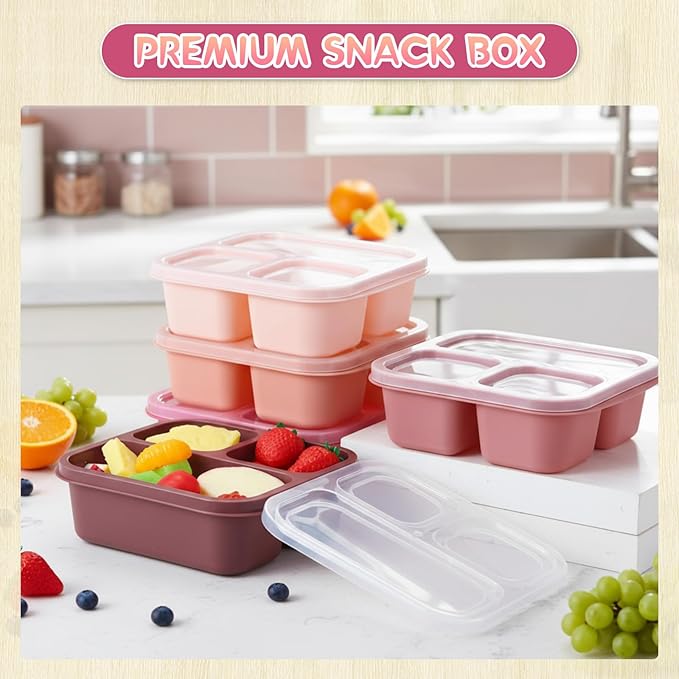 Honeydak 5 Pack Snack Containers 3 Compartment Bento Snack Boxes Divided Meal Prep Containers with Lids Reusable Adults Lunch Food Storage Box for School Work Travel(Pink Brown)