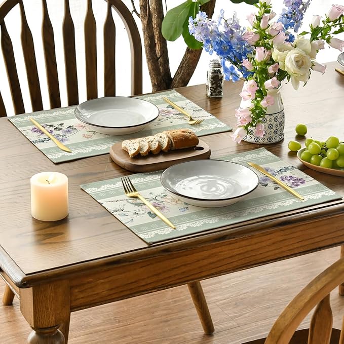 Artoid Mode Green Printed Lace Floral Spring Placemats Set of 4, 12x18 Inch Seasonal Summer Holiday Table Mats for Party Kitchen Dining Decoration