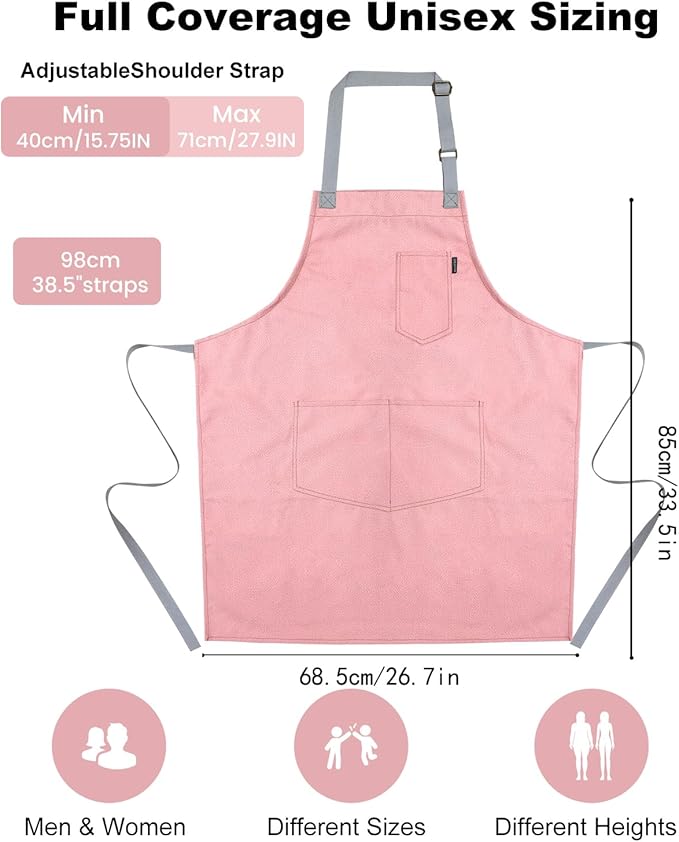 Womens Apron With Pockets Adjustable Shoulder Strap,Apron For Men 38.5" Extra-Long Straps Fit More Body Types,Chef Apron For Kitchen Garden Barbecue Woodworking. (Pink)