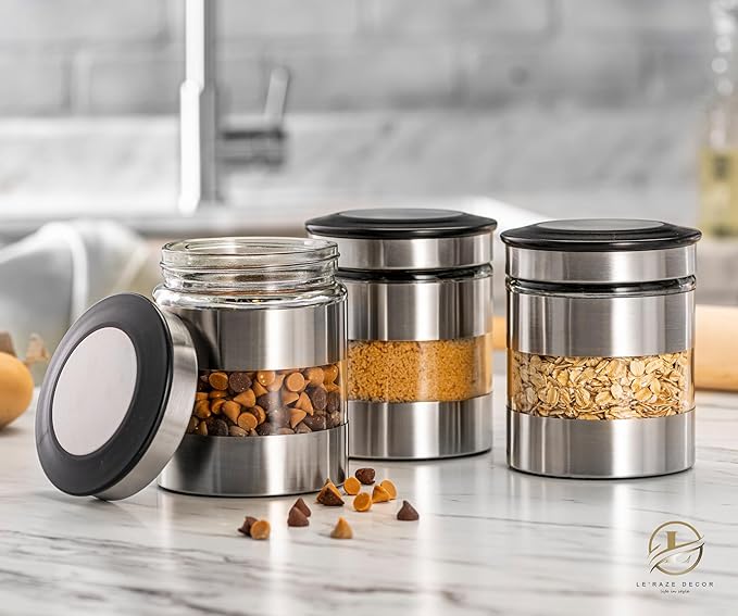 Le'raze Quality Stainless Steel Canister Set of 3 for Kitchen Counter with Glass Window & Airtight Lid - Food Storage Containers with Lids Airtight - Pantry Storage and Organization Set