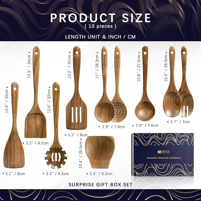 Wooden Spoons for Cooking, Nonstick Cooking Utensil Set with 9 Piece Acacia Wooden Spatulas and Spoons, as well as a Extra Whole Wood Spoon Rest, Terrific for Everyday Kitchen Tasks