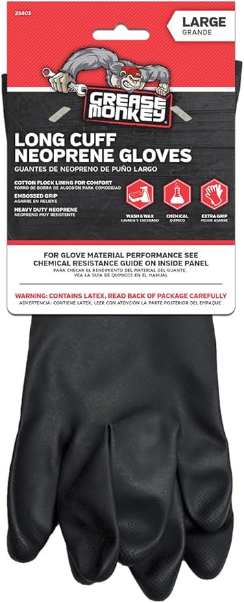 Grease Monkey Neoprene Long Cuff Gloves, Large, For washing dishes, cleaning cars, handling chemicals, or for extra grip,Black