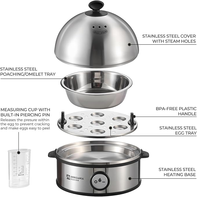 Annie & Mia Design Electric Egg Cooker, All Stainless Steel 7 Egg Capacity egg boiler, 360W, Hard, Medium, Soft Boiled Egg Poacher, egg steamer, Multi-function, Auto Shut-Off Function, BPA-free