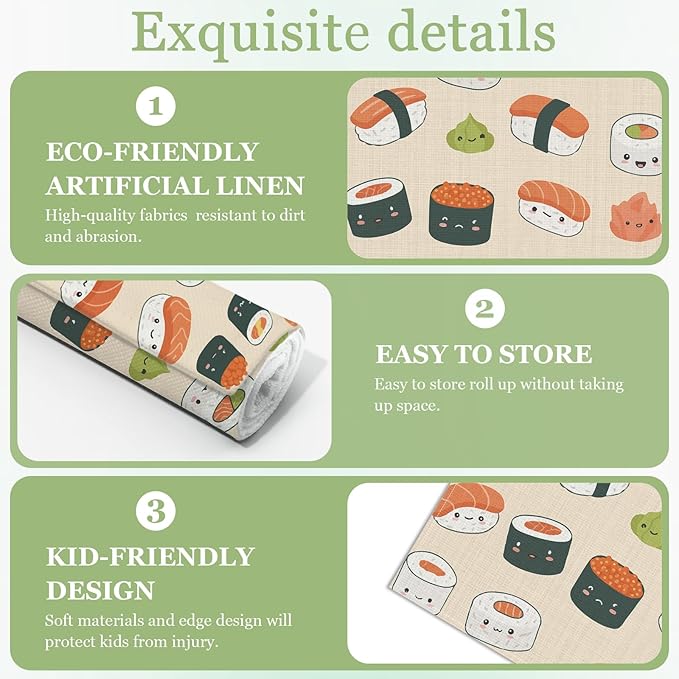 Cute Japanese Sushi Placemats Set of 6, Washable Heat Resistant Table Mat Linen Place Mats for Party Kitchen Dining Home Decor 12x18 Inch
