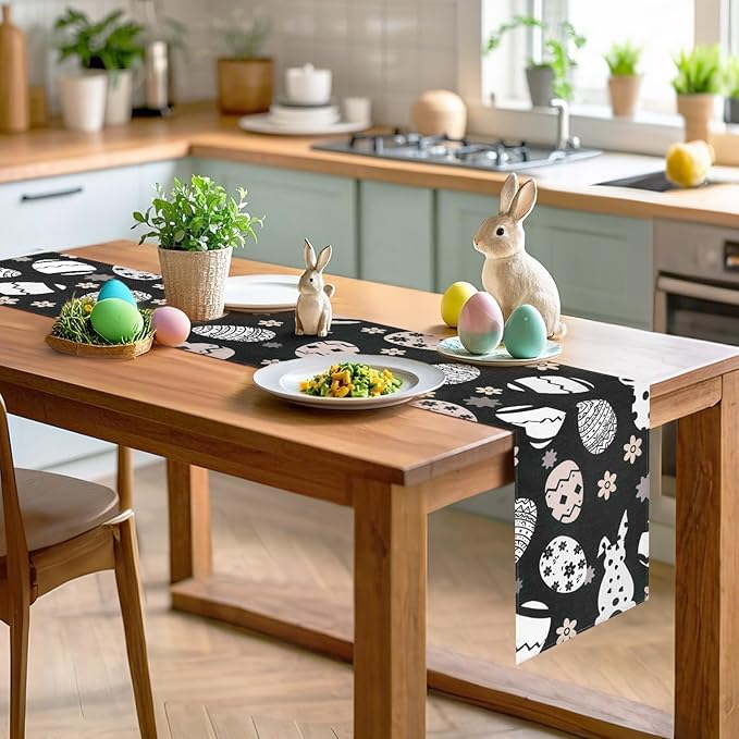 Easter Table Runner 72 Inches Black – Spring Easter Egg Bunny Decorations, Durable Dining Kitchen Holiday Decorative Table Runner