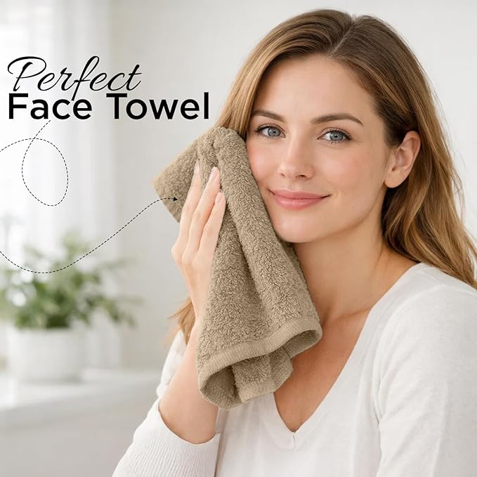 DAN RIVER 12-Pack Premium 100% Cotton Tan Face Towels for Bathroom - Reusable Face Wash Cloths for Showering 12x12 Inches - 550 GSM Super Soft & Absorbent Luxury WashCloths for Body, Spa & Gym
