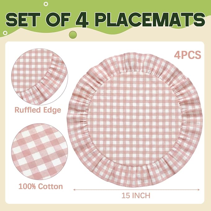 4 Pcs 15 Inch 100% Cotton Scalloped Round Placemats, Thin Light Pink Gingham Place Mats with Ruffle, Washable Placemats Table Mats for Kitchen Dining Holiday Gatherings Decor