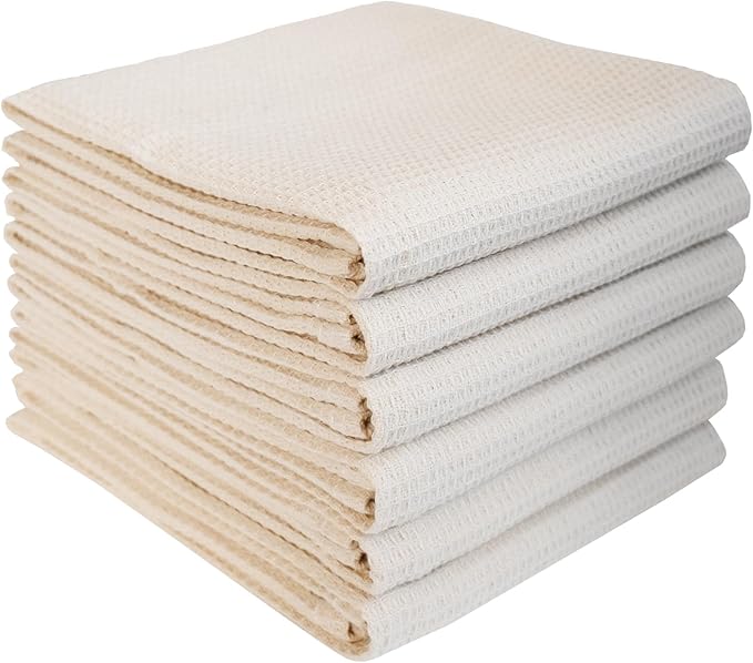 QUILTINA Dish Towels Set - 17 x 25 Inches 6 Pack Khaki 100% Cotton Waffle Weave Kitchen Towels, Ultra Soft Absorbent Quick Dish Towels for Kitchen Cleaning and Drying