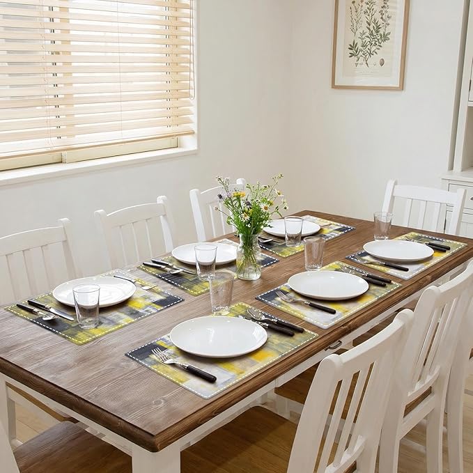 Emvency Farmhouse Placemats Set of 6, Abstract Modern Yellow Grey Geometric 12x18 Inch Linen Rectangular Place Table Mats for Indoors & Outdoor Home Party Kitchen Dining Decoration