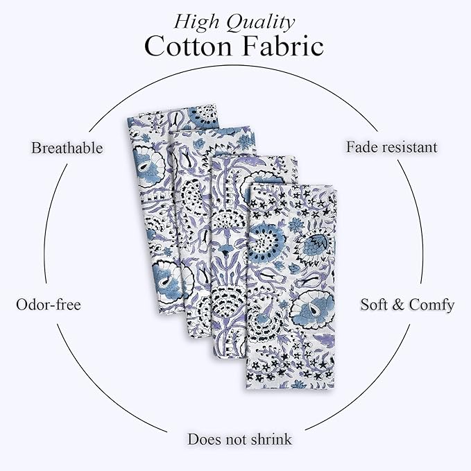 CPC Indigo Blue Indian Block Print Cotton Cloth Napkins Set of 4, 18x18 Reusable Everyday Napkins, Soft, Absorbent, Floral Dinner Napkin, Holiday, Party Gift, Spring,Mother's Day