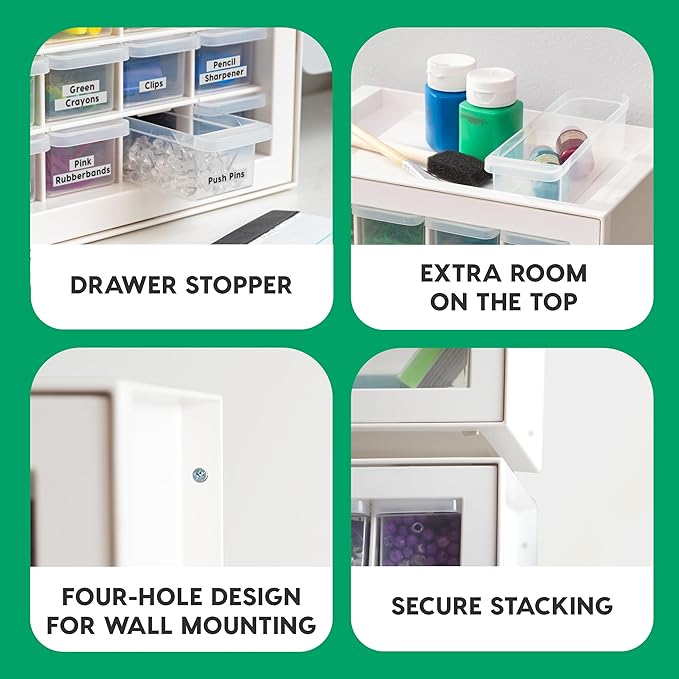 IRIS USA Small Plastic Storage Drawers, 16-Drawer Organizer, Made in USA, Stackable Teacher Toolbox for Crafts, Art Supplies, Nuts, Bolts, Building Bricks, Drink Mix & Water Flavor Packets – White