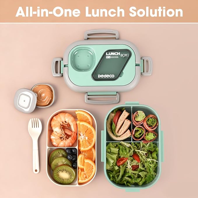 PEDECO Bento Box Set with Lunch Bag, Lunch Containers for Women&Men&Kids. Leakproof 3-Compartment and 2-Tier Stackable Container with Portable Sauce Pod, Microwave/Dishwasher Safe, BPA-Free (Green)