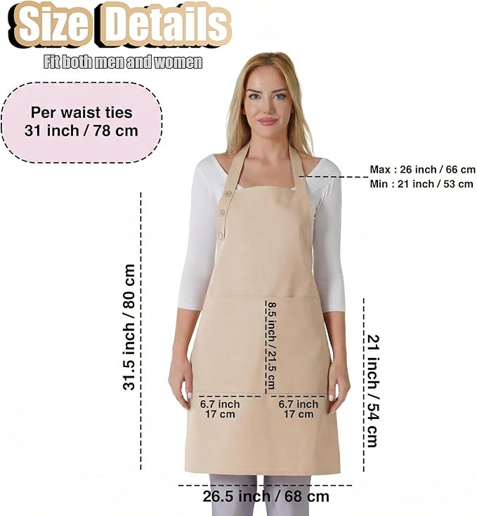 TOSHE Kitchen Apron Waterdrop Resistant Cotton Apron with adjustable Aprons for Women with Pockets 10 Color option Cooking Beige Apron(Beige)