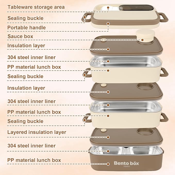 Suteng Triple-Layer Bento Box Adult All-in-One Design | 2.1L Stainless Steel Lunch Containers for Adults | Leakproof Microwave-Safe Food Container with Cutlery(Spoon) & Hidden Handle | Beige