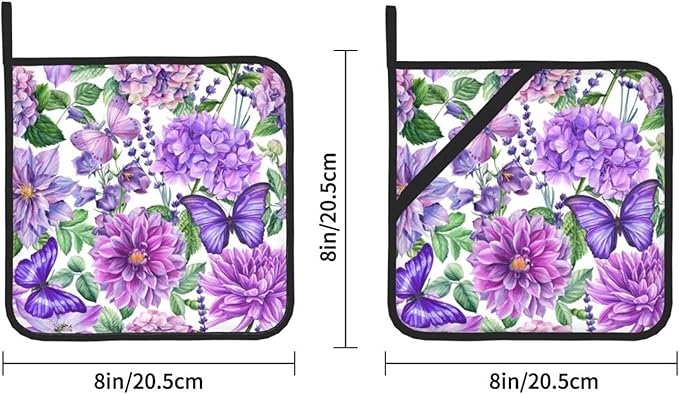 Pot Holders 2PCS Purple Flower Butterfly,Kitchen Heat Resistant Pot Holder for Women Men Home Cooking Baking Microwave BBQ Gifts