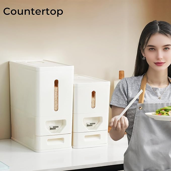 Rice Dispenser 22 Lbs (10kg), Dry Food Storage Container Sealed Moisture-Proof with Built-in Drawer for Kitchen Pantry Household, BPA-Free
