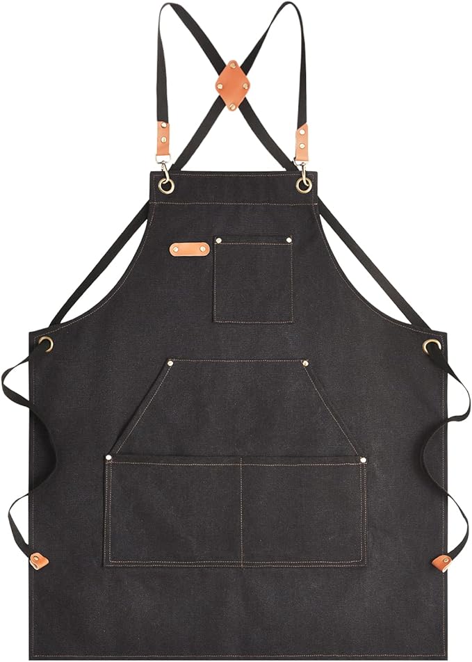 Aoomzoon Canvas Aprons for Men Chef Apron, Work Apron with Large Pockets - 16oz Heavy Duty Cross Back, BBQ, Cooking