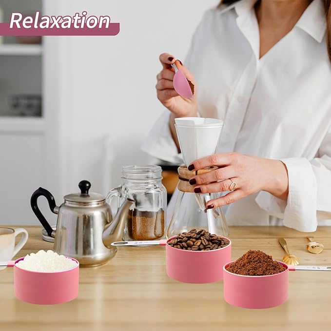Measuring Cups Set Measuring Spoons Set, Nesting Measure Cups with Stainless Steel Handle, For Measuring Dry and Liquid Ingredients Small Teaspoon with Plastic Head (Pink)
