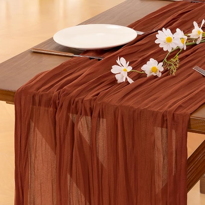 Socomi 3pcs Terracotta Easter Spring Cheesecloth Table Runner Boho Rustic Gauze 120 inch 10FT Cheese Cloth Runner for Wedding Party Baby Shower Birthday Home Decor Holiday Decorations
