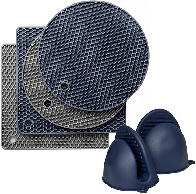 4 Pcs Silicone Trivet Mats for Kitchen Counter, Silicone Oven Mitts and Pot Holders Set for Hot Pan and Pot Pads, Heat Resistant Multipurpose Potholders, Grey & Navy Blue