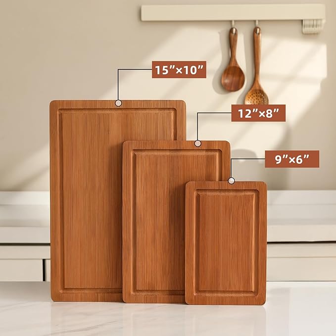 Bamboo Cutting Board Set of 3, Wood Cutting Boards for Kitchen with Juice Grooves, Durable Chopping Board for Meat, Vegetables & Meal Prep