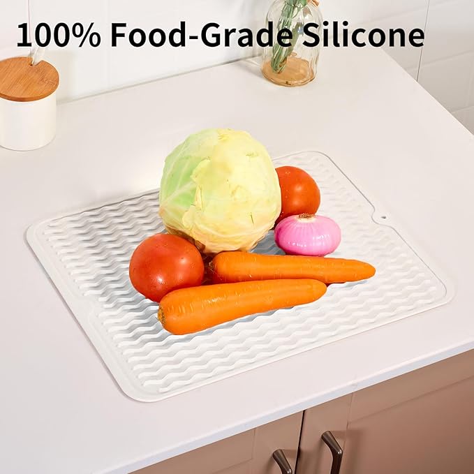 ZLR Silicone Dish Drying Mat & Heat Resistant Trivet (12" x 16") - Waterproof Counter Protector for Air Fryer, Coffee Maker - Non-Slip, BPA Free Kitchen Pad, Easy Clean Dishwasher Safe (Milk White)