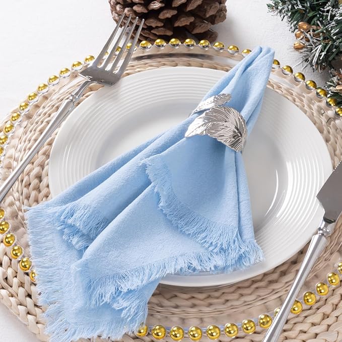DeZerlor 12 Pack Baby Blue Cotton Linen Napkins with Fringe Spring Cloth Napkins Set of 12 Boho Handmade Dinner Napkins Bulk for Wedding Bridal Baby Shower Parties, 17 x 17 Inches