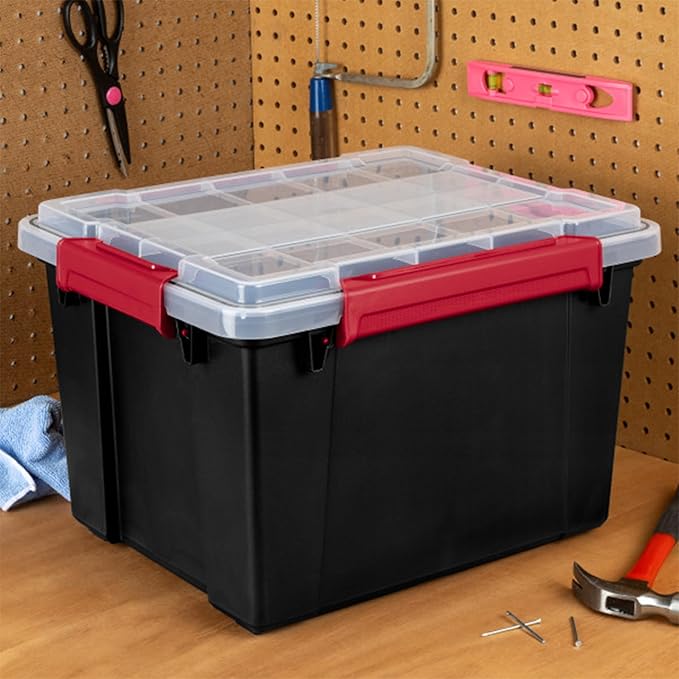 Sterilite 12 Pack Gasket Box, Stackable Plastic 8.5 Gallon Storage Container with Lids, Black - Waterproof and Dustproof Tote for Home Organization