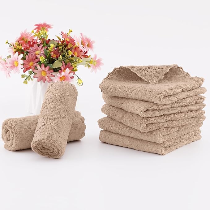 Homaxy 24 Pack Kitchen Dish Cloths (10 x 10 Inches, Tan), Super Soft and Absorbent Coral Velvet Dish Towels, Nonstick Oil Fast Drying Microfiber Cleaning Cloth, No Lint Household Dishcloths