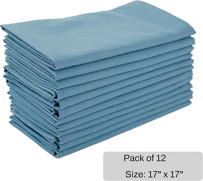 Solid Color Cotton Blended Dinner Cloth Napkins - Set of 12 (17 x 17 inches) - for Events & Home Use (Blue Stone)