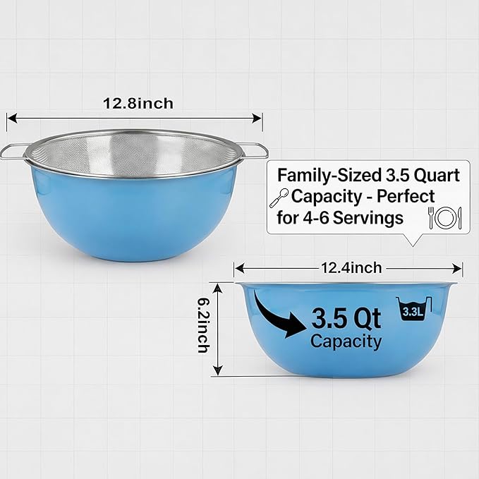 Stainless Steel Mixing Bowl and Colander Set, 3.5 Qt Rice Washer Strainer Bowl, 12"Fine Mesh Strainer with Handle for Rice, Cooked Pasta, Fruits,Versatile Kitchen Draining Set (Blue)