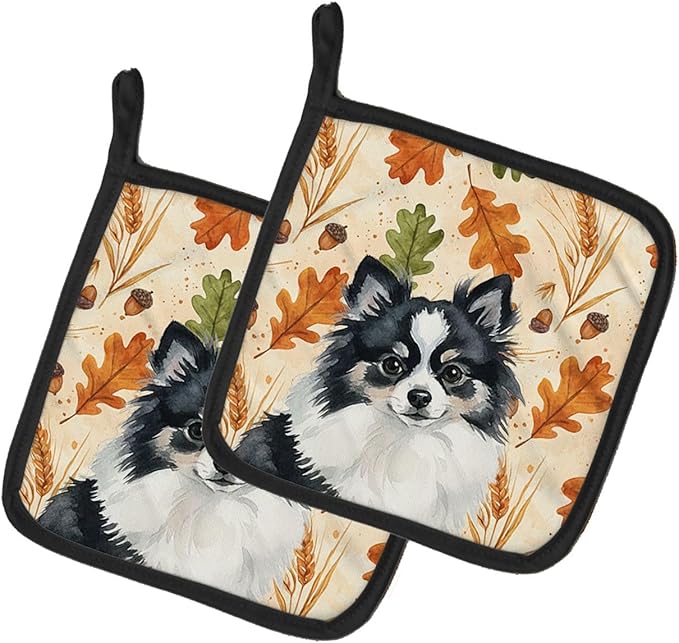 Caroline's Treasures Black and White Pomeranian Heirloom Fall Pair of Pot Holders Pair 7.5x7.5 Quilted Insulated Hot Pads Decorative Kitchen Gift Made in USA