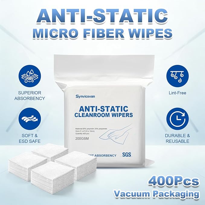 Anti-Static Microfiber Wipes 4"x4"(400 Pcs,Class 100, 200GSM) Lint Free Cloths Reusable Special ESD protection design is suitable for protecting sensitive electronic components and tools