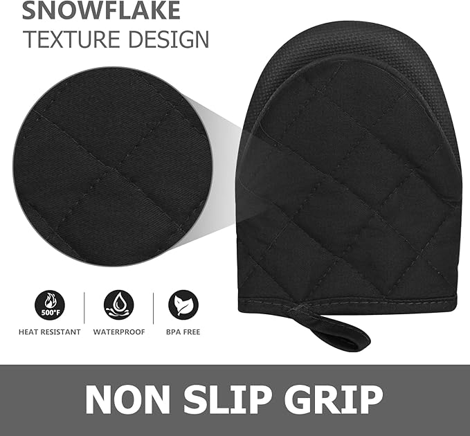 Short Oven Mitts, Heat Resistant 500°F, Silicone Grip Kitchen Gloves, Non-Slip for Baking, Grilling, BBQ, Machine Washable with Hanging Loop, 2-Pack Set, Black