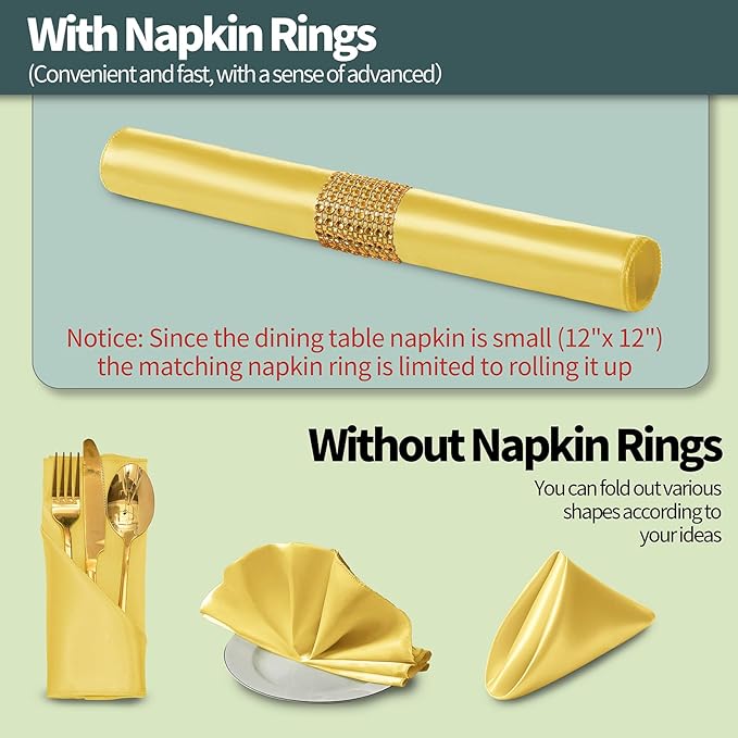 100 Pack Gold Satin Napkins and Napkin Rings Set, 12 x 12 Inch Silky Soft Cloth Napkins Set of 50, Square Satin Dinner Table Napkins Bulk for Wedding Banquet Graduation Party Decoration