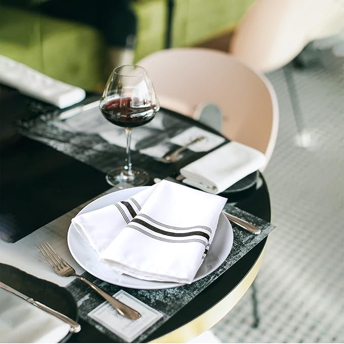 Bistro Restaurant Stripe Cloth Napkins Set of 12 Pack, Commercial Quality 18 x 22 Inches, MJS Linen Dinner Napkins Cloth Washable, Solution Dyed, Never Fade, Soil Release, Black Stripes