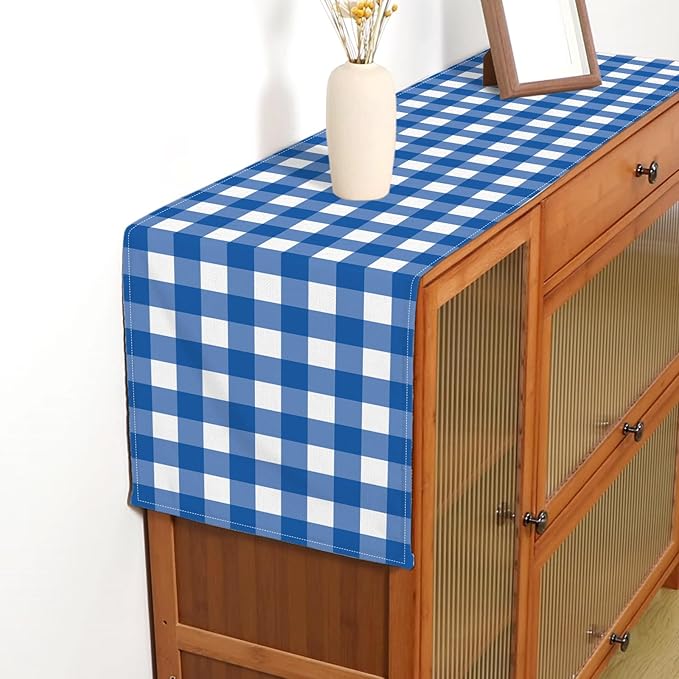Blue and White Checkered Table Runner Gingham Plaid Birthday Party Decoration BBQ Picnic Dining Room Home Kitchen Table Decor (Blue, 13" x 72")