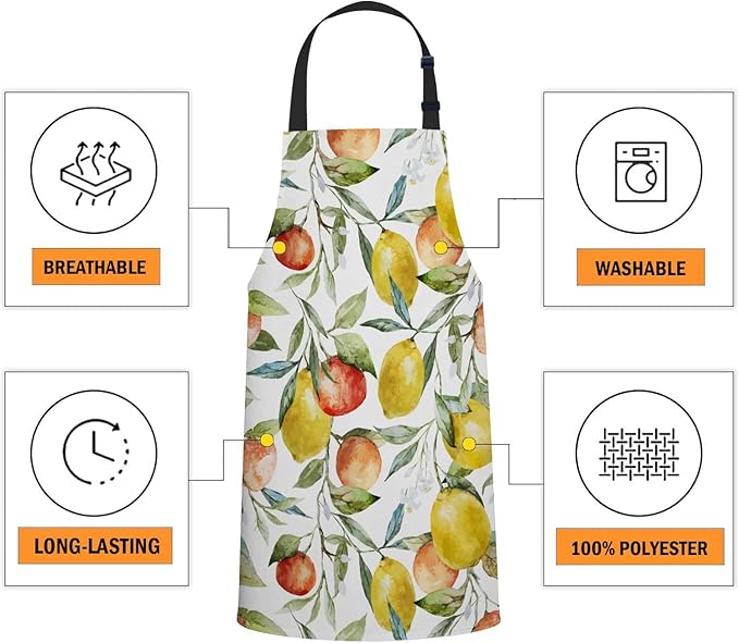 oFloral Watercolor Lemon Pattern Apron Unisex Adjustable Bib Apron, Cooking Kitchen Chef Apron, Women Men Apron for Home Kitchen, Restaurant, Coffee house