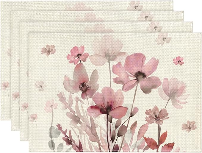 Artoid Mode Pink Florals Poppy Spring Placemats Set of 4, 12x18 Inch Seasonal Summer Holiday Table Mats for Party Kitchen Dining Decoration